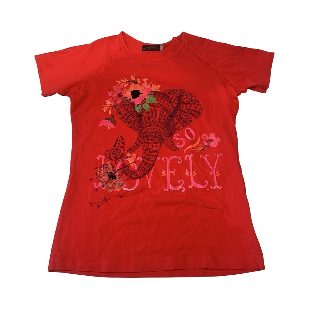 Catimini‎ Girls Red Elephant Graphic T-Shirt So Lovely Floral Cotton Top Size 14
